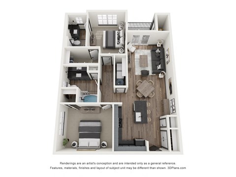 Floor plan for 2 beds, 2 baths, 1081 sqft